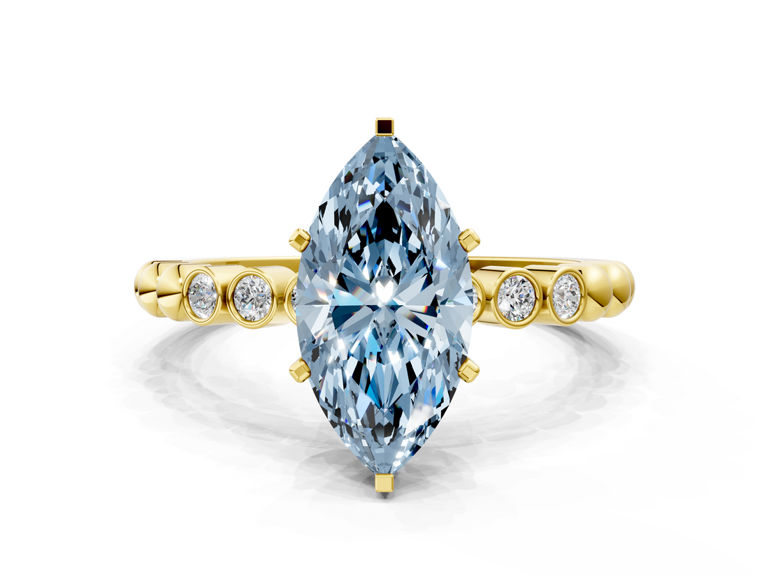 Yellow gold Fancy Blue Marquise  Solitaire Bezel Accent Diamond Engagement Ring with Beaded Band and Four-Prong Setting_55