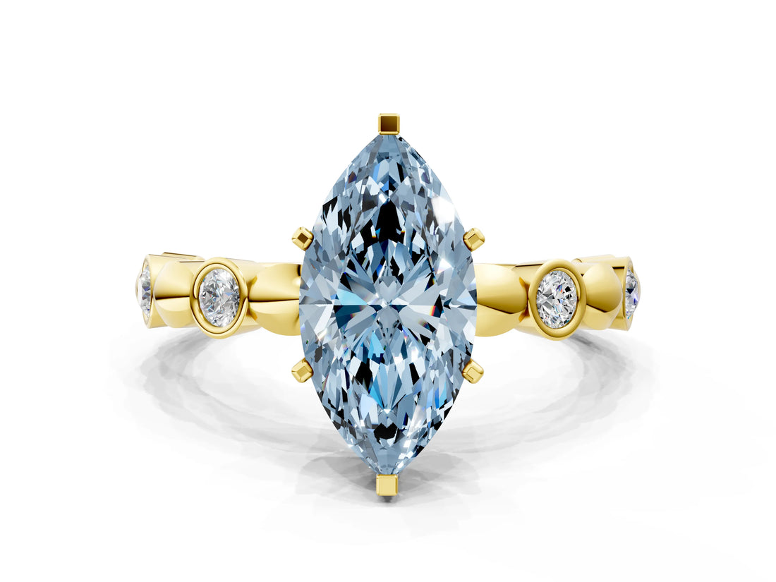Yellow gold Fancy Blue Marquise  Solitaire Bezel-Set Diamond Ring with Beaded Band and Four-Prong Setting_32