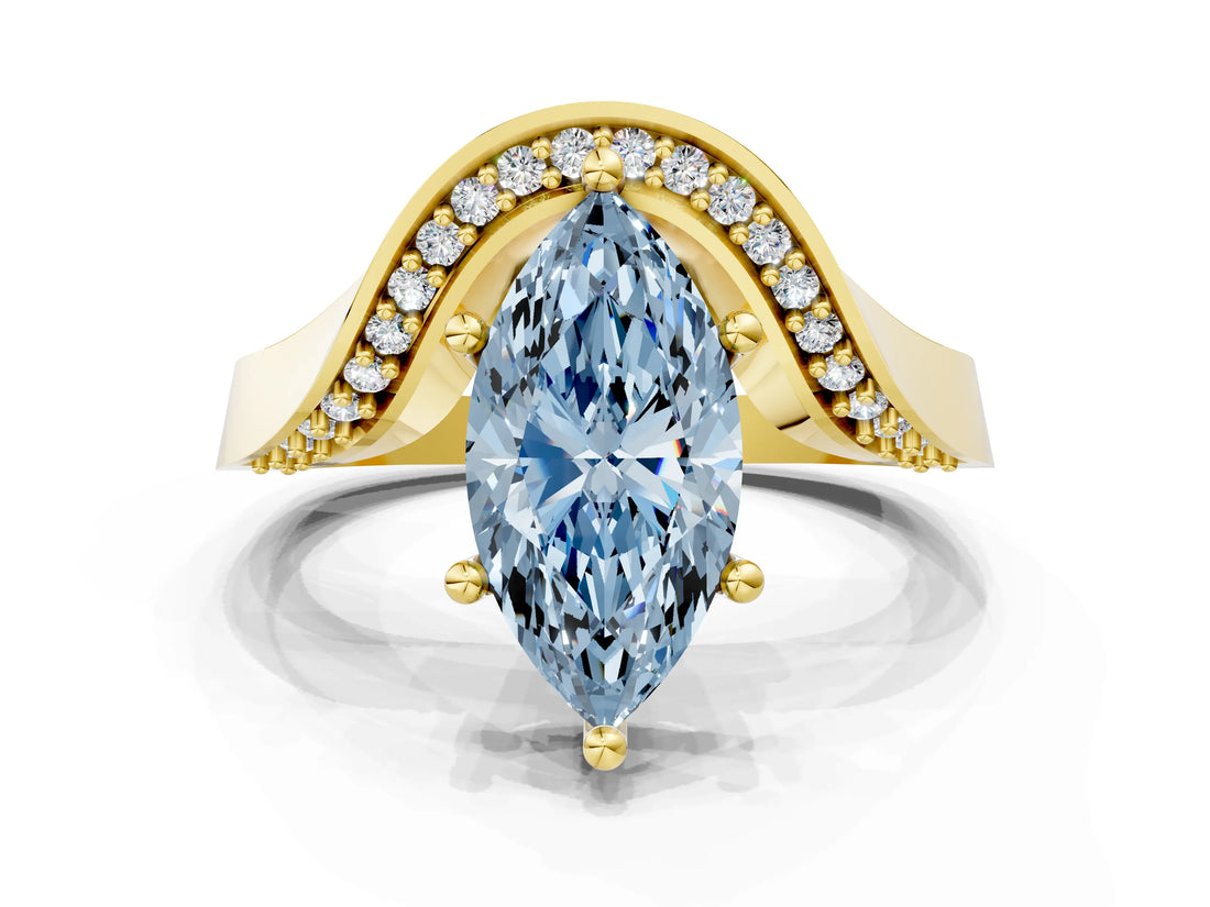 Yellow gold Fancy Blue Marquise  Solitaire Diamond Engagement Ring with Pave Band and Four-Prong Setting 2
