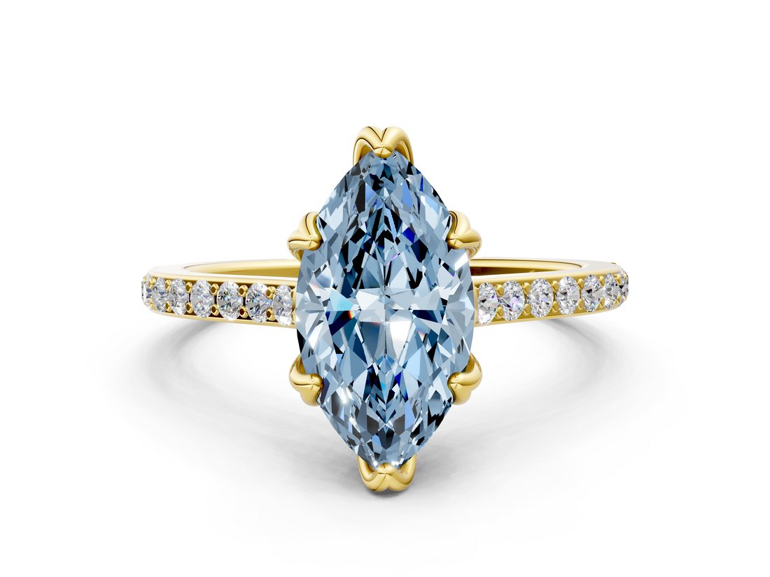 Yellow gold Fancy Blue Marquise  Solitaire Diamond Engagement Ring with Pave Band and Six-Prong Setting_20