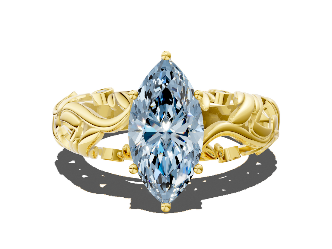 Yellow gold Fancy Blue Marquise  Solitaire Diamond Leaf Vine Band with Prong Setting_46