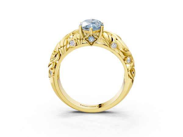 Yellow Gold Marquise Leaf Vine Solitaire Engagement Ring Setting for Fancy Blue Center