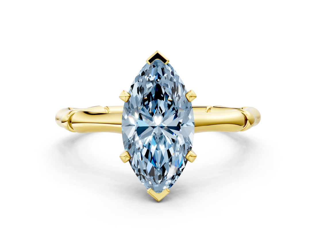 Yellow gold Fancy Blue Marquise  Solitaire Diamond Ring with Bamboo Band and Four-Prong Setting_56