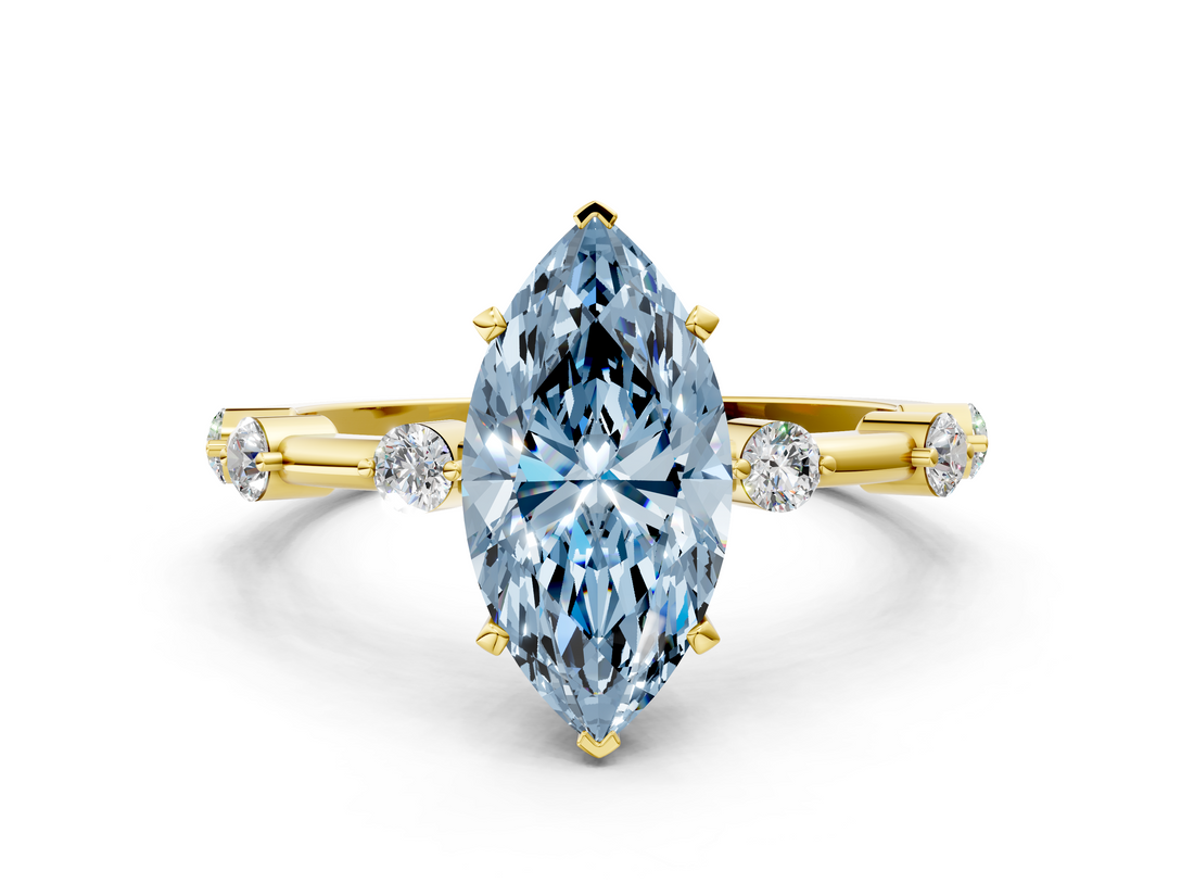Yellow gold Fancy Blue Marquise  Solitaire Diamond Ring with Bezel Set Side Stones and Prong Setting_3