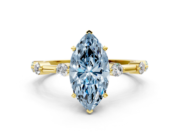 Yellow gold Fancy Blue Marquise  Solitaire Diamond Ring with Bezel Set Side Stones and Prong Setting