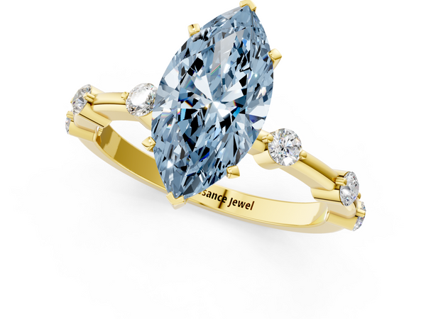 Yellow gold Fancy Blue Marquise  Solitaire Diamond Ring with Bezel Set Side Stones and Prong Setting