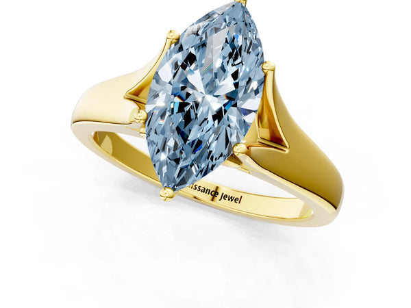 Yellow gold Fancy Blue Marquise  Solitaire Diamond Ring with Cathedral Band and Four-Prong Setting