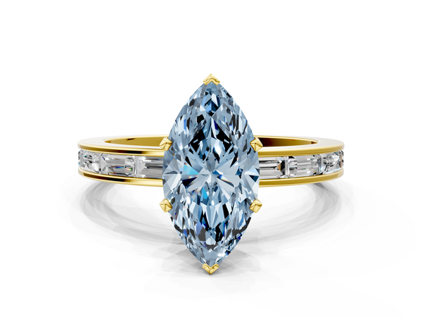 Yellow gold Fancy Blue Marquise  Solitaire Diamond Ring with Channel-Set Baguette Band and Four-Prong Setting