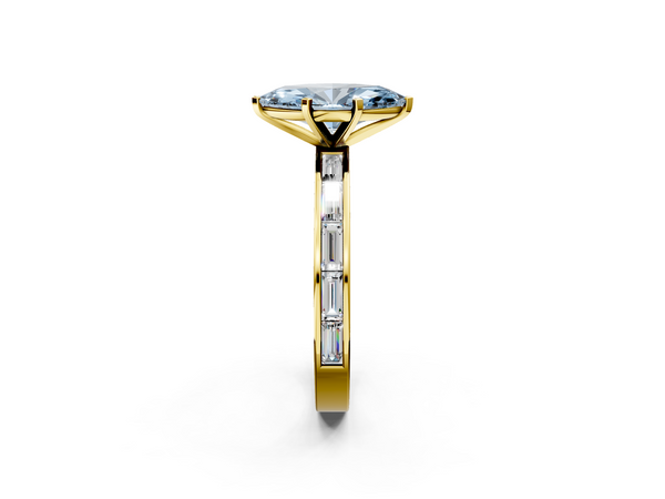 Yellow gold Fancy Blue Marquise  Solitaire Diamond Ring with Channel-Set Baguette Band and Four-Prong Setting