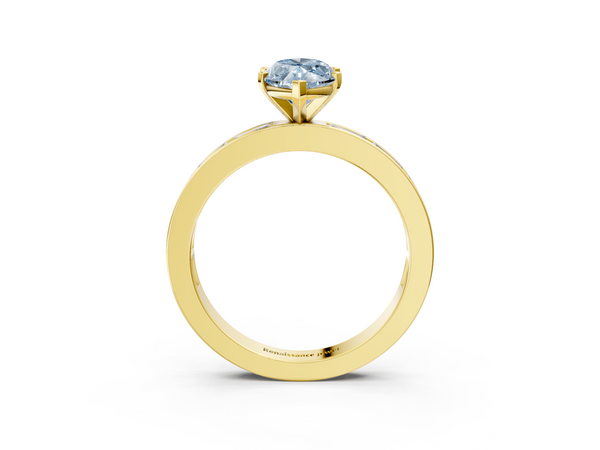 Yellow gold Fancy Blue Marquise  Solitaire Diamond Ring with Channel-Set Baguette Band and Four-Prong Setting
