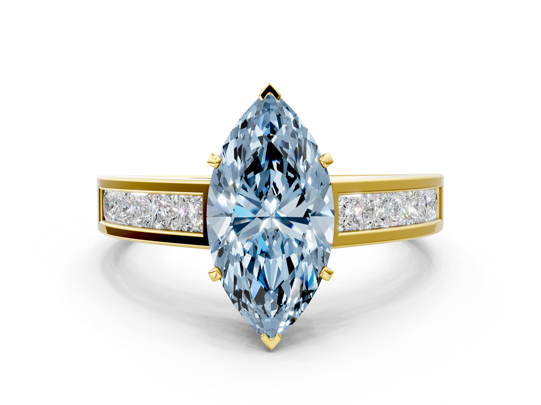 Yellow gold Fancy Blue Marquise  Solitaire Diamond Ring with Channel-Set Band and Four-Prong Setting_3