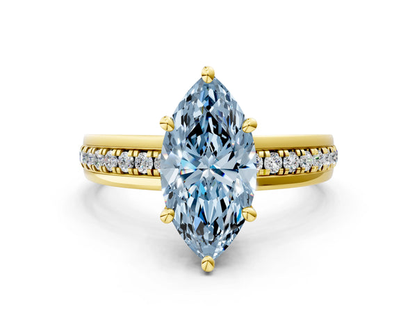 Yellow gold Fancy Blue Marquise  Solitaire Diamond Ring with Channel Set Band and Six-Prong Setting