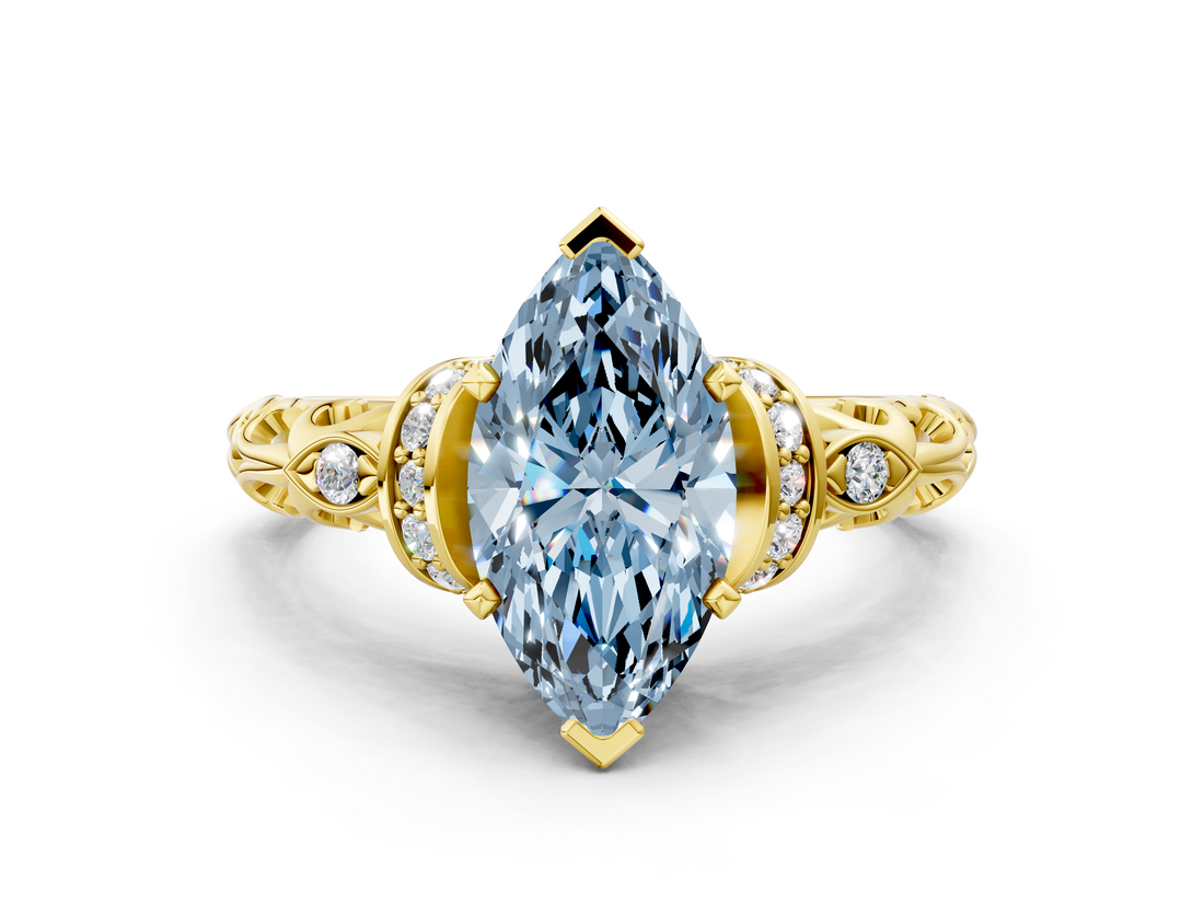 Yellow gold Fancy Blue Marquise  Solitaire Diamond Ring with Filigree Band and Four-Prong Setting_47