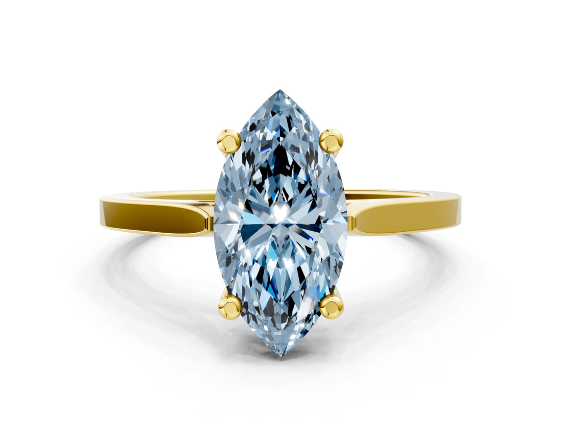 Yellow gold Fancy Blue Marquise  Solitaire Diamond Ring with Four-Prong Setting and Tapered Band 1