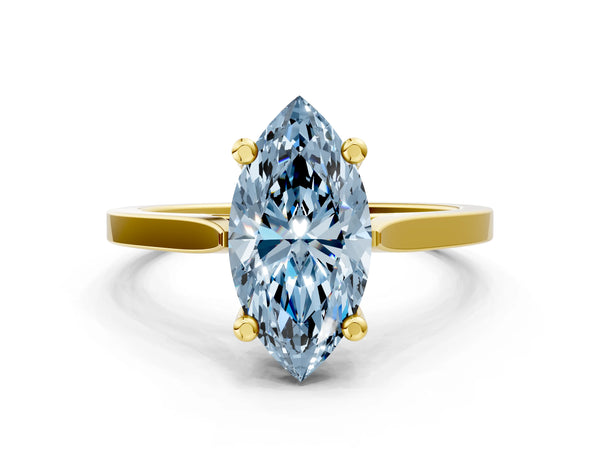 Yellow gold Fancy Blue Marquise  Solitaire Diamond Ring with Four-Prong Setting and Tapered Band