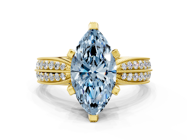 Yellow gold Fancy Blue Marquise  Solitaire Diamond Ring with Milgrain Pavé Band and Four-Prong Setting