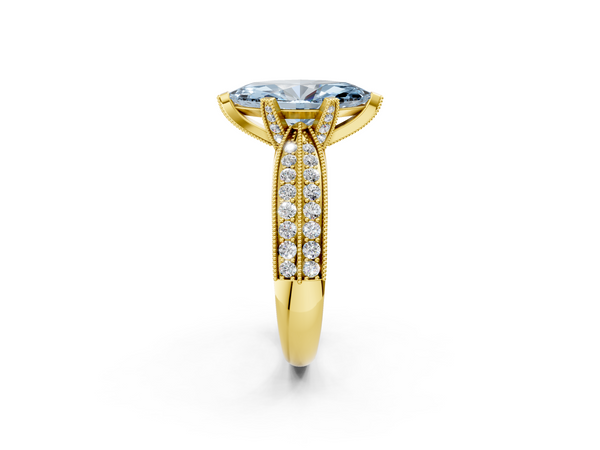 Yellow gold Fancy Blue Marquise  Solitaire Diamond Ring with Milgrain Pavé Band and Four-Prong Setting