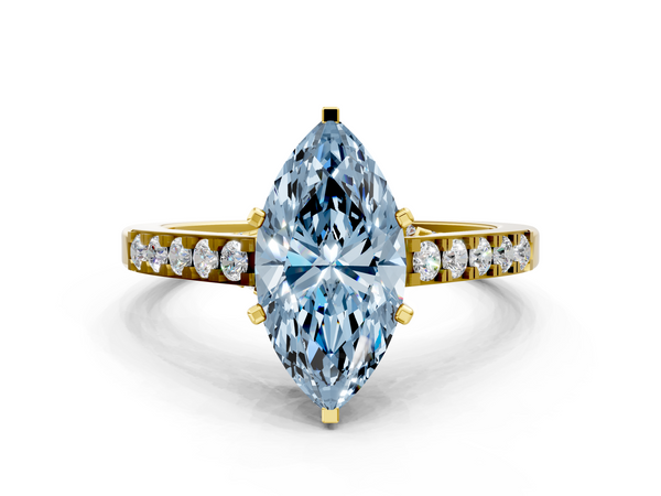 Yellow gold Fancy Blue Marquise  Diamond Solitaire Ring with Pavé Band and Prong Setting