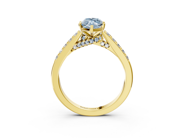 Yellow gold Fancy Blue Marquise  Diamond Solitaire Ring with Pavé Band and Prong Setting