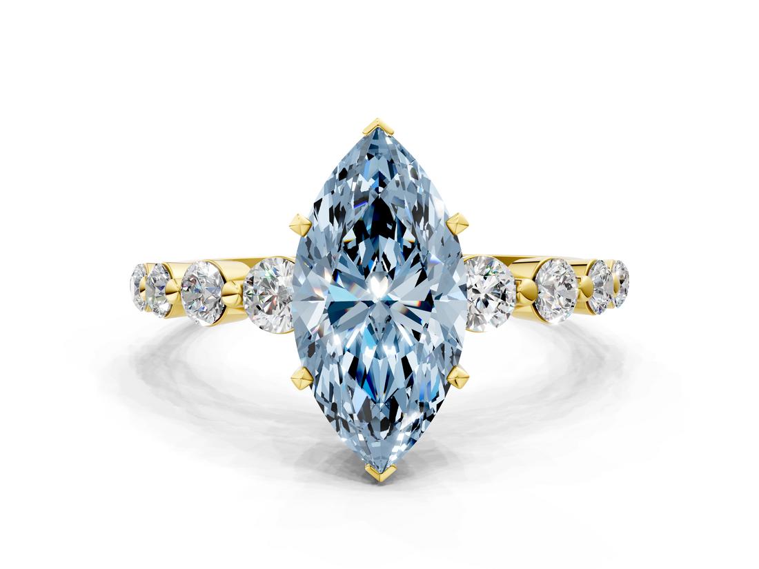 Yellow gold Fancy Blue Marquise  Solitaire Diamond Ring with Pave Band and Four-Prong Setting_274