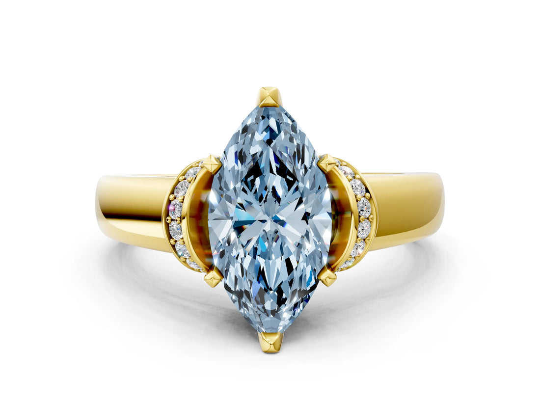 Yellow gold Fancy Blue Marquise  Solitaire Diamond Ring with Pave Band and Six-Prong Setting_32