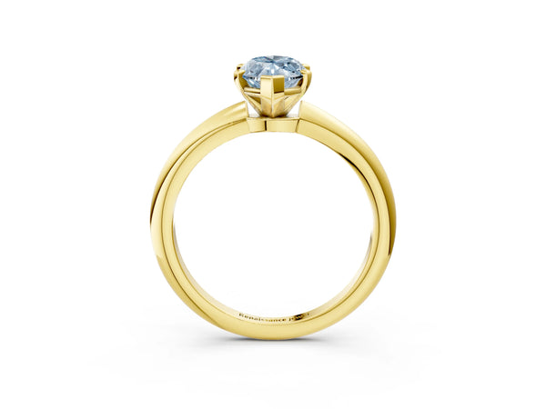 Yellow gold Fancy Blue Marquise Cut Diamond Solitaire Ring with Six-Prong Setting and Classic Band