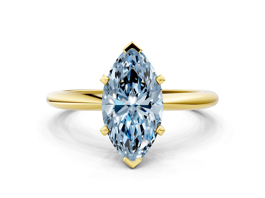 Yellow gold Fancy Blue Marquise  Solitaire Diamond Ring with Six-Prong Setting on a Classic Band