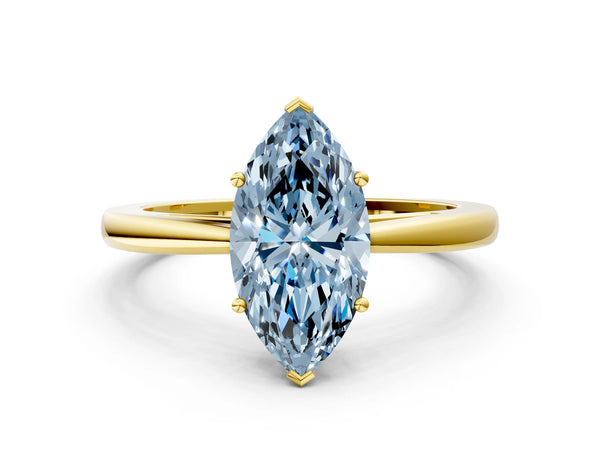 Yellow gold Fancy Blue Marquise  Solitaire Diamond Ring with Split Shank and Four-Prong Setting