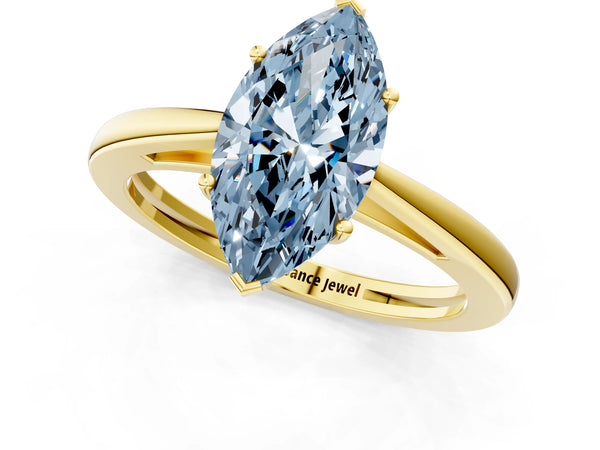Yellow gold Fancy Blue Marquise  Solitaire Diamond Ring with Split Shank and Four-Prong Setting