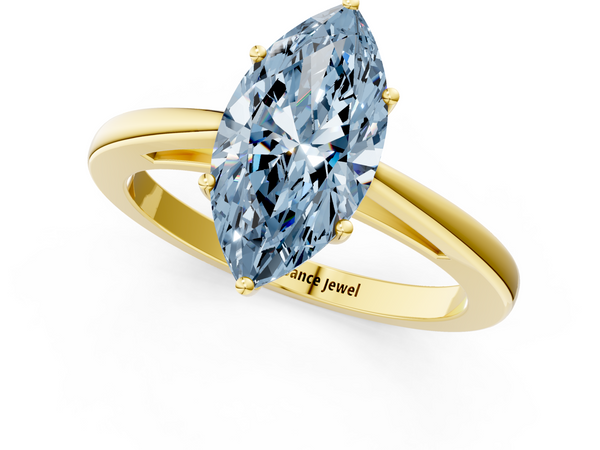 Yellow gold Fancy Blue Marquise  Solitaire Diamond Ring with Split Shank and Four-Prong Setting