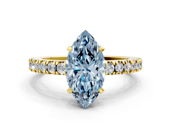 Yellow gold Fancy Blue Marquise Cut Solitaire Diamond with Pavé Band and Four-Prong Setting