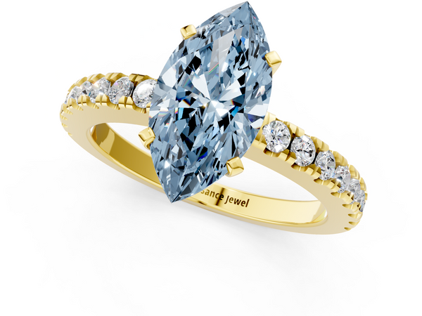 Yellow gold Fancy Blue Marquise Cut Solitaire Diamond with Pavé Band and Four-Prong Setting