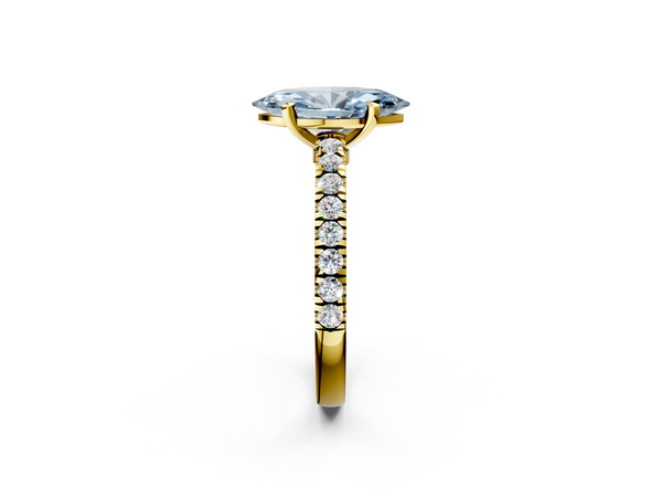 Yellow gold Fancy Blue Marquise Cut Solitaire Diamond with Pavé Band and Four-Prong Setting