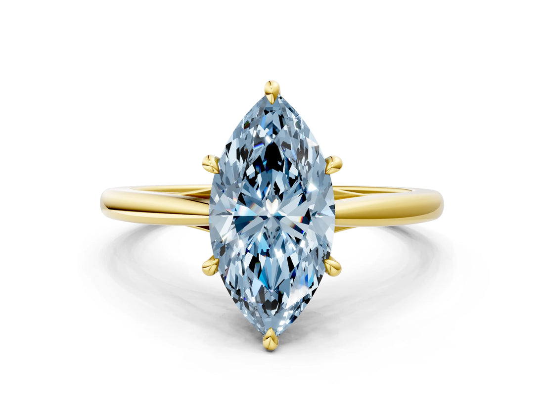 Yellow gold Fancy Blue Marquise  Solitaire Engagement Ring with Four-Prong Setting and Classic Band 1
