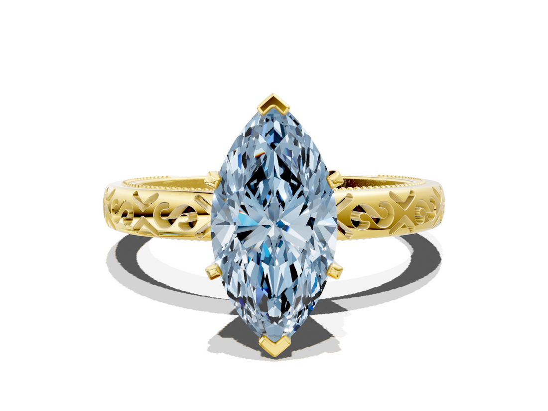 Yellow gold Fancy Blue Marquise  Solitaire Engagement Ring with Scrollwork Band and Four-Prong Setting_129