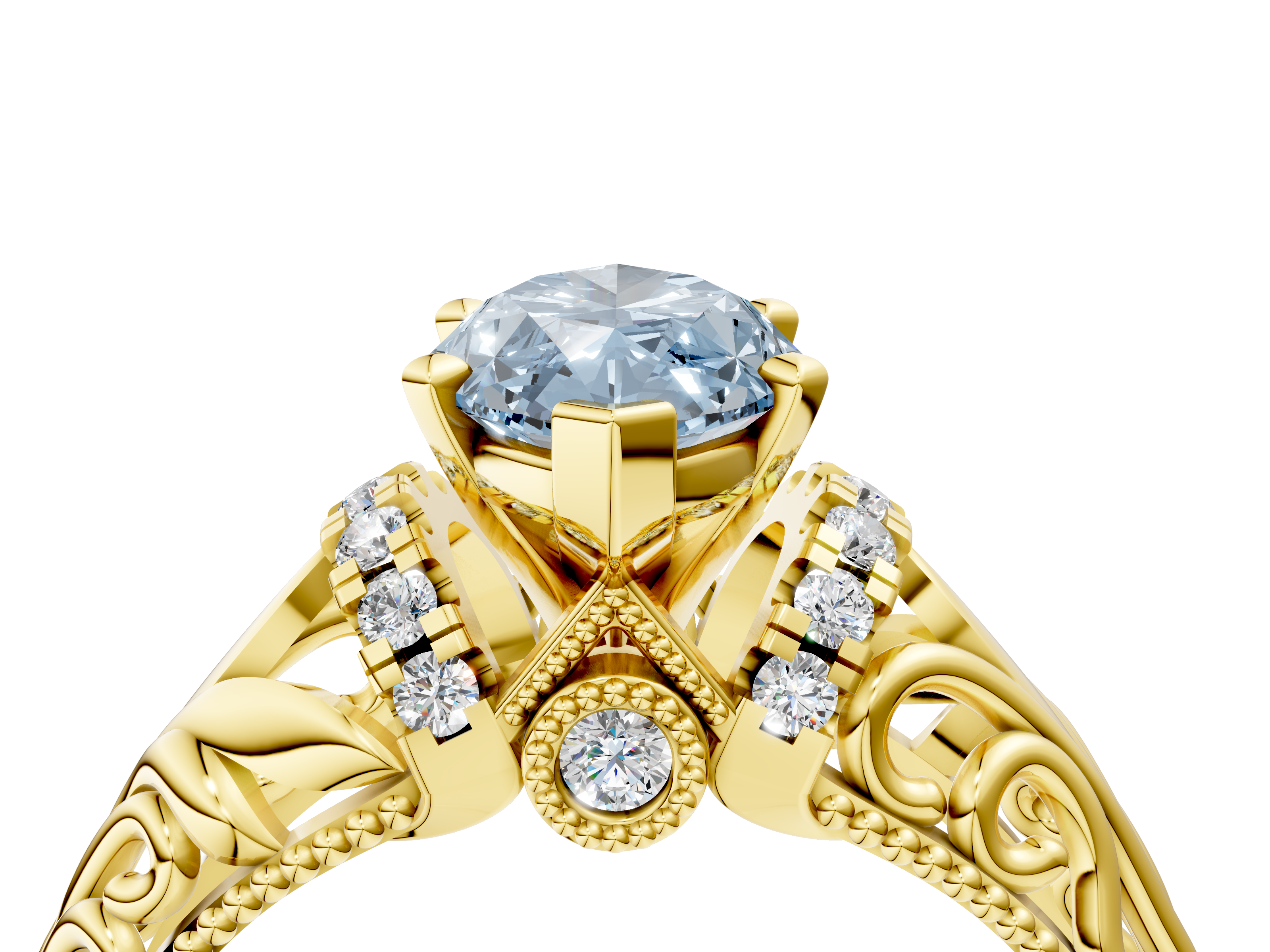 Yellow gold Fancy Blue Marquise  Solitaire Filigree Engagement Ring with Halo and Prong Setting_67