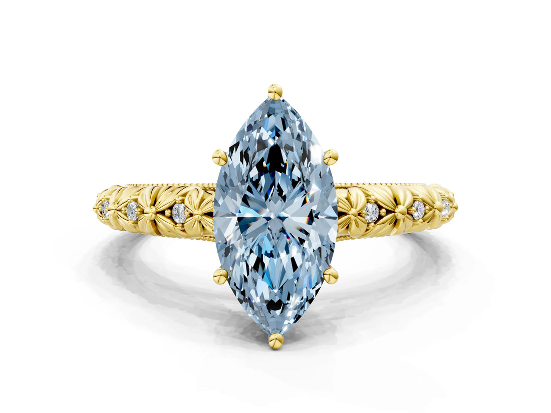 Yellow gold Fancy Blue Marquise  Solitaire Floral Milgrain Engagement Ring_31