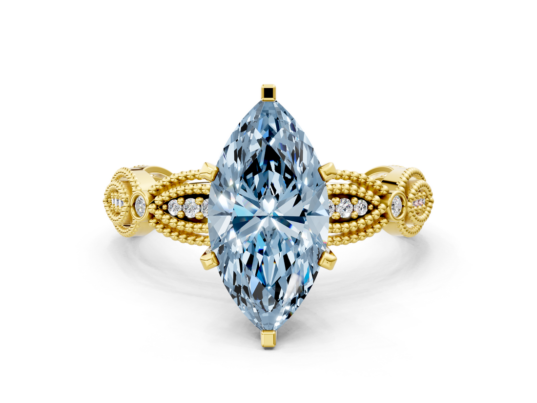 Yellow gold Fancy Blue Marquise  Solitaire Milgrain Diamond Engagement Ring with Bezel and Marquise Band_148