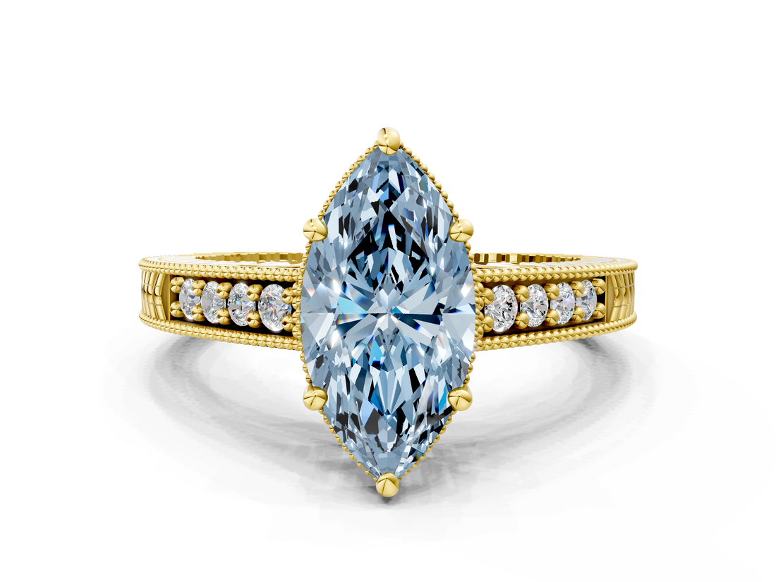 Yellow gold Fancy Blue Marquise  Solitaire Pavé Diamond Milgrain Engagement Ring with Four-Prong Setting_3