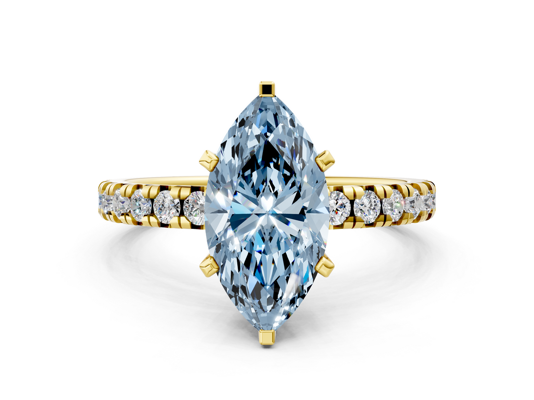 Yellow gold Fancy Blue Marquise  Solitaire Pave Diamond Engagement Ring with Four-Prong Setting_332