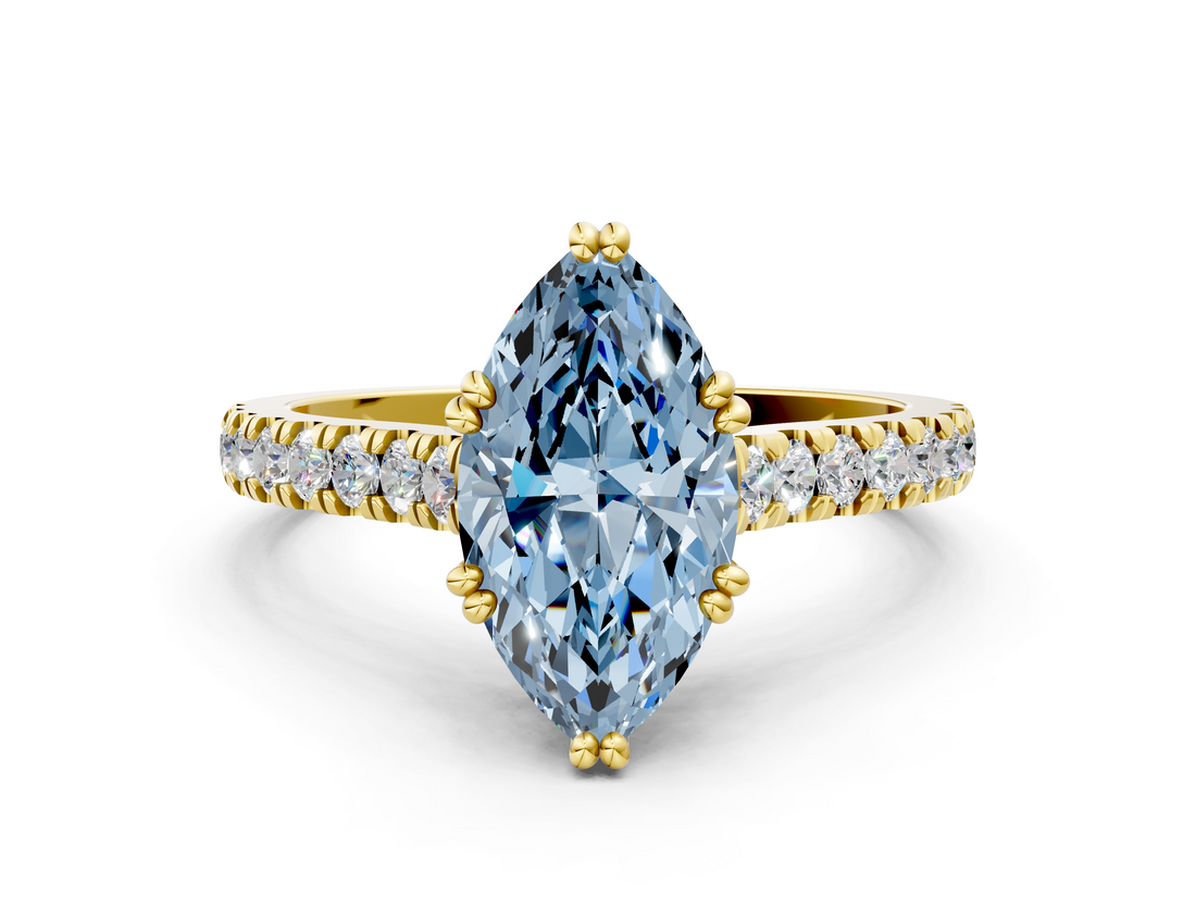 Yellow gold Fancy Blue Marquise  Solitaire Pave Diamond Engagement Ring with Prong Setting_14