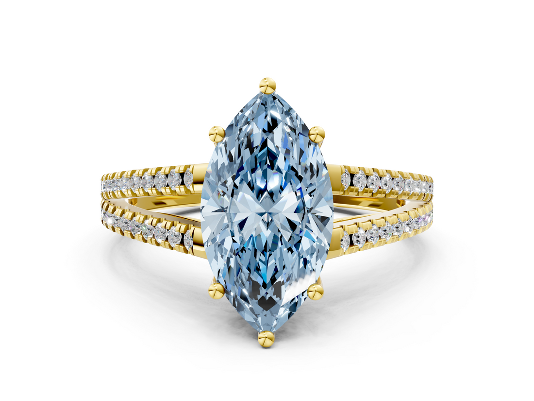 Yellow gold Fancy Blue Marquise  Solitaire Split Shank Pavé Diamond Engagement Ring_313