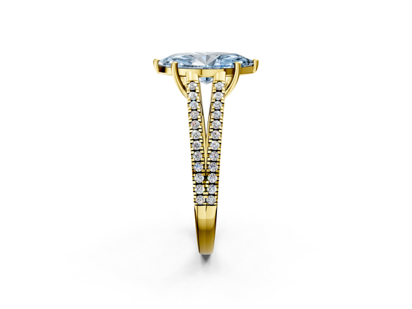 Yellow gold Fancy Blue Marquise Cut Diamond Solitaire Engagement Ring with Split Shank Pavé Band