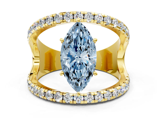 Yellow gold Fancy Blue Marquise  Solitaire Split Shank Pave Diamond Ring