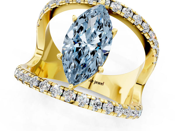Yellow gold Fancy Blue Marquise  Solitaire Split Shank Pave Diamond Ring
