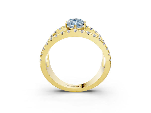 Yellow gold Fancy Blue Marquise  Solitaire Split Shank Pave Diamond Ring