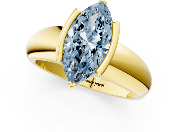 Yellow gold Fancy Blue Marquise  Solitaire Tension Set Diamond Ring with Wide Band