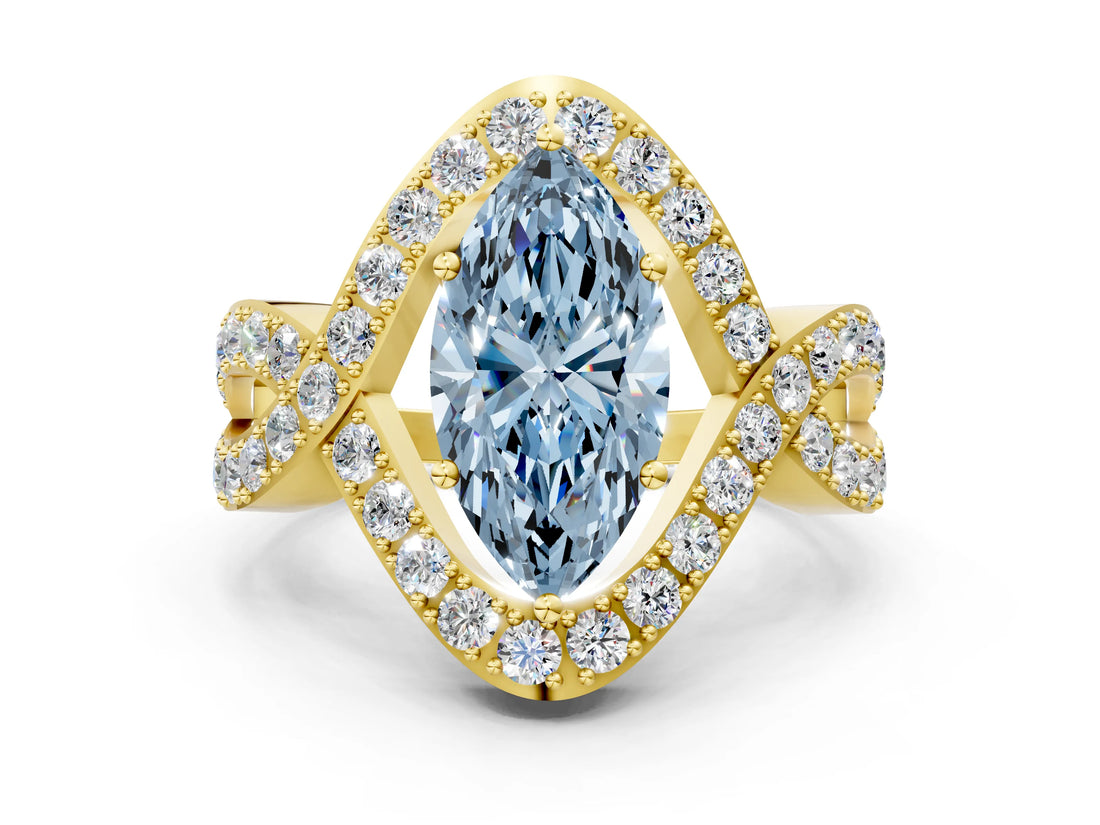 Yellow gold Fancy Blue Marquise  Solitaire Twist Band Pavé Diamond Engagement Ring_32