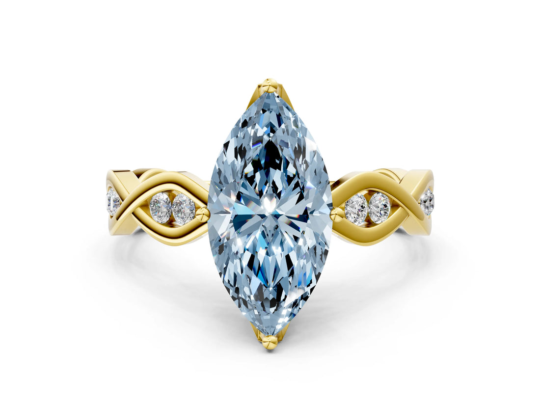 Yellow gold Fancy Blue Marquise  Solitaire Twist Band with Leaf Prong Setting