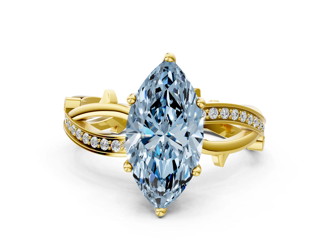 Yellow gold Fancy Blue Marquise  Solitaire Twist Band with Pavé Accents and Four-Prong Setting_32
